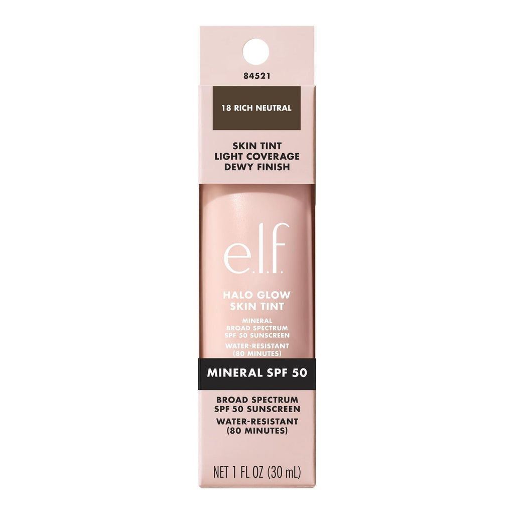 e.l.f. Halo Glow Skin Tint Mineral SPF 50, Tinted Moisturizer, 18 Rich Neutral, 1 fl oz