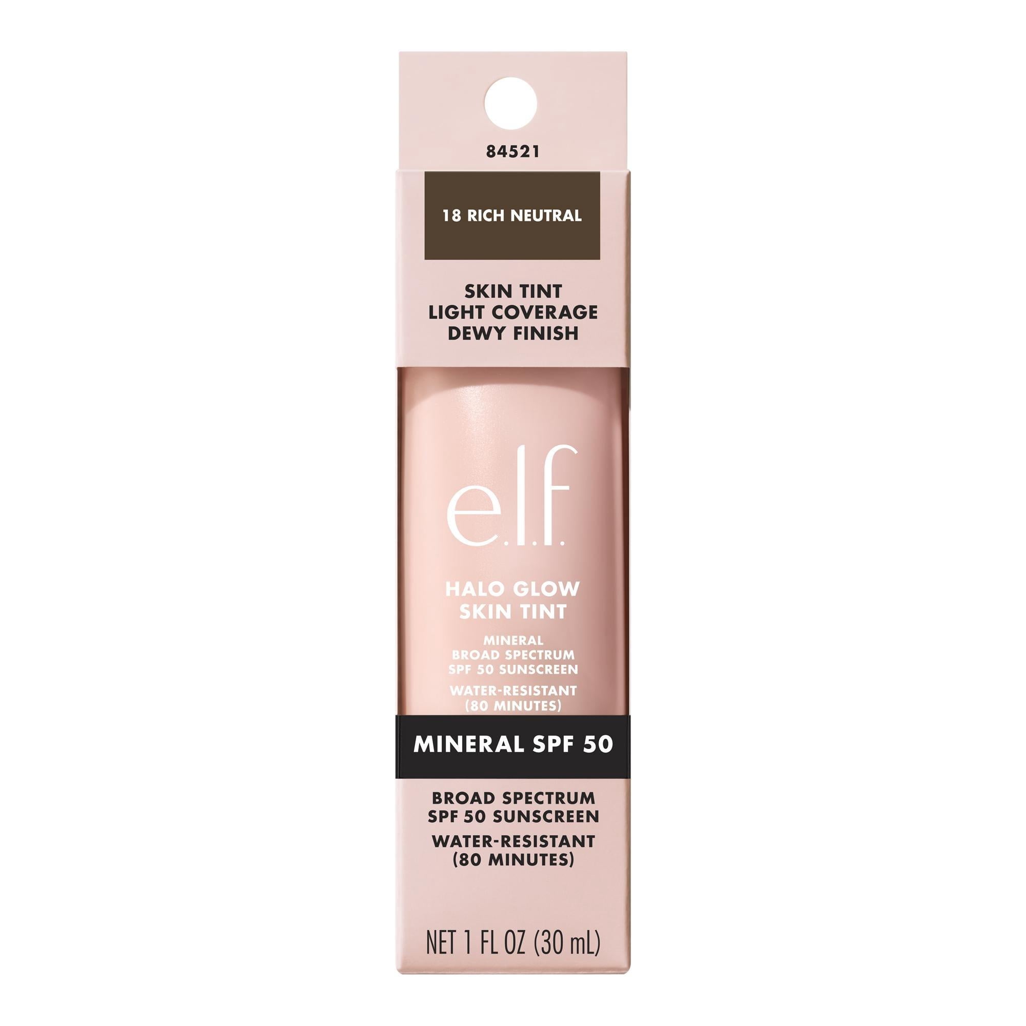 e.l.f. Halo Glow Skin Tint Mineral SPF 50, Tinted Moisturizer, 18 Rich Neutral, 1 fl oz
