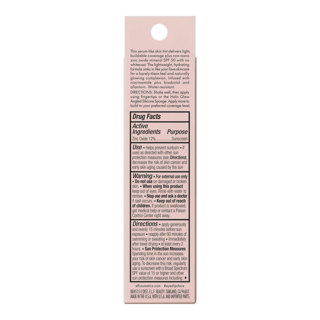 e.l.f. Halo Glow Skin Tint Mineral SPF 50, Tinted Moisturizer, 12 Tan Cool, 1 fl oz